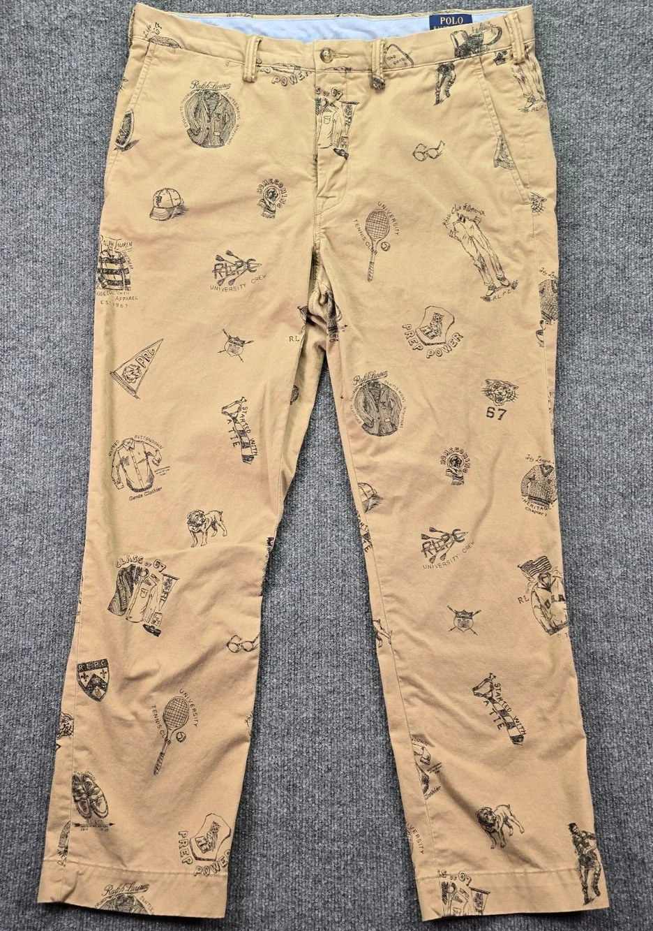 Polo Ralph Lauren Pants Mens 36x30 Khaki Collegiate All Over Print Stretch Chino